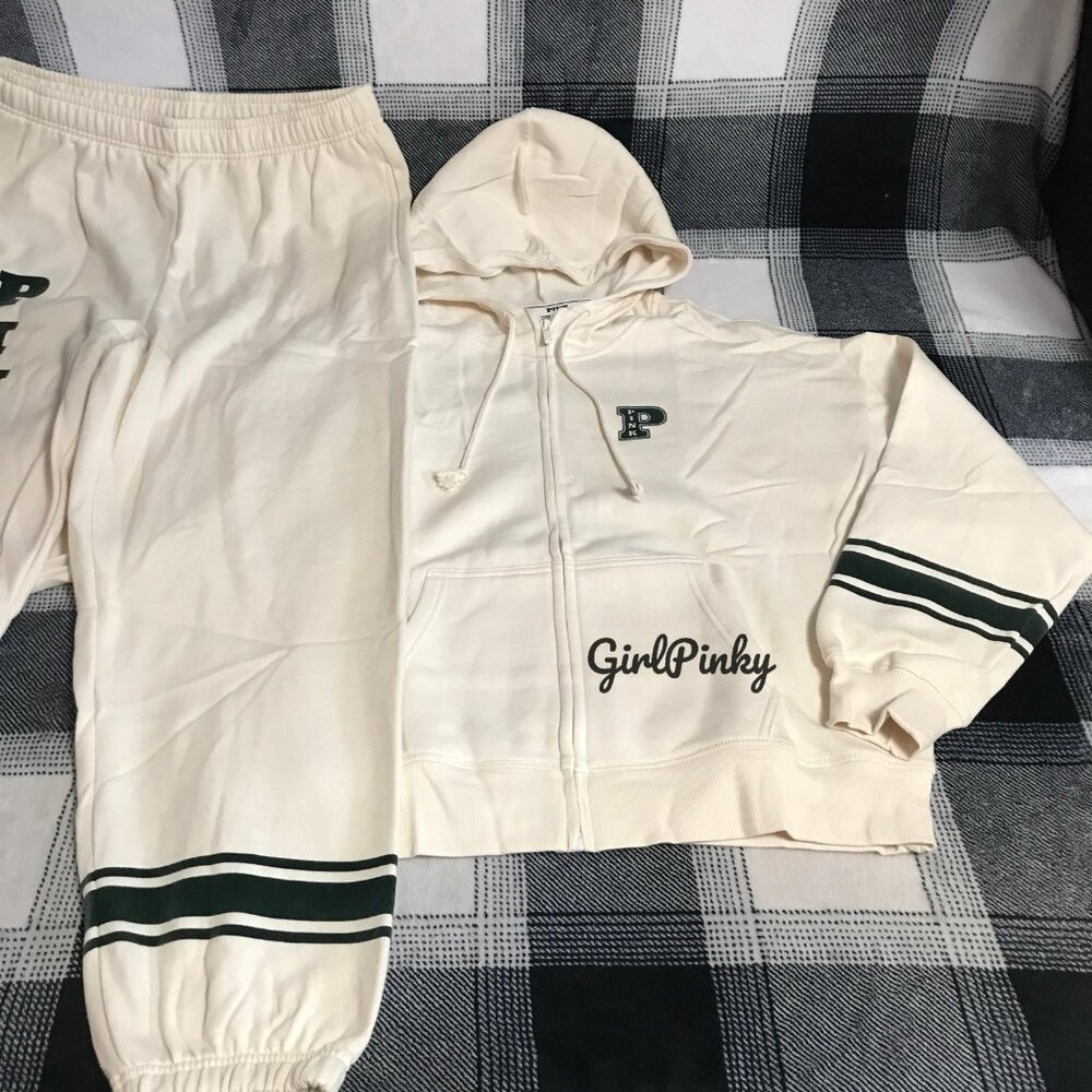 VS PINK SWEATPANTS OUTFIT & FULL ZIP IN WHITE SHELL & DARK FOREST GREEN L XL XXL - Picture 8 of 11